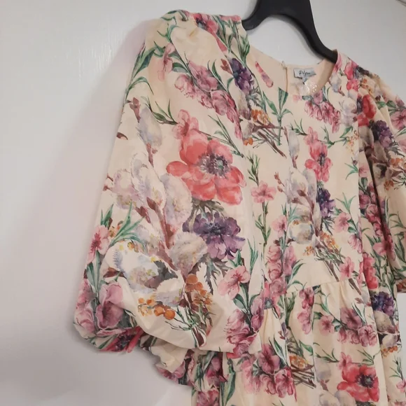 Polagram Cream Floral Puff Sleeve Tiered Mini XL Sonia Dress Side Pockets NWT - Picture 7 of 16